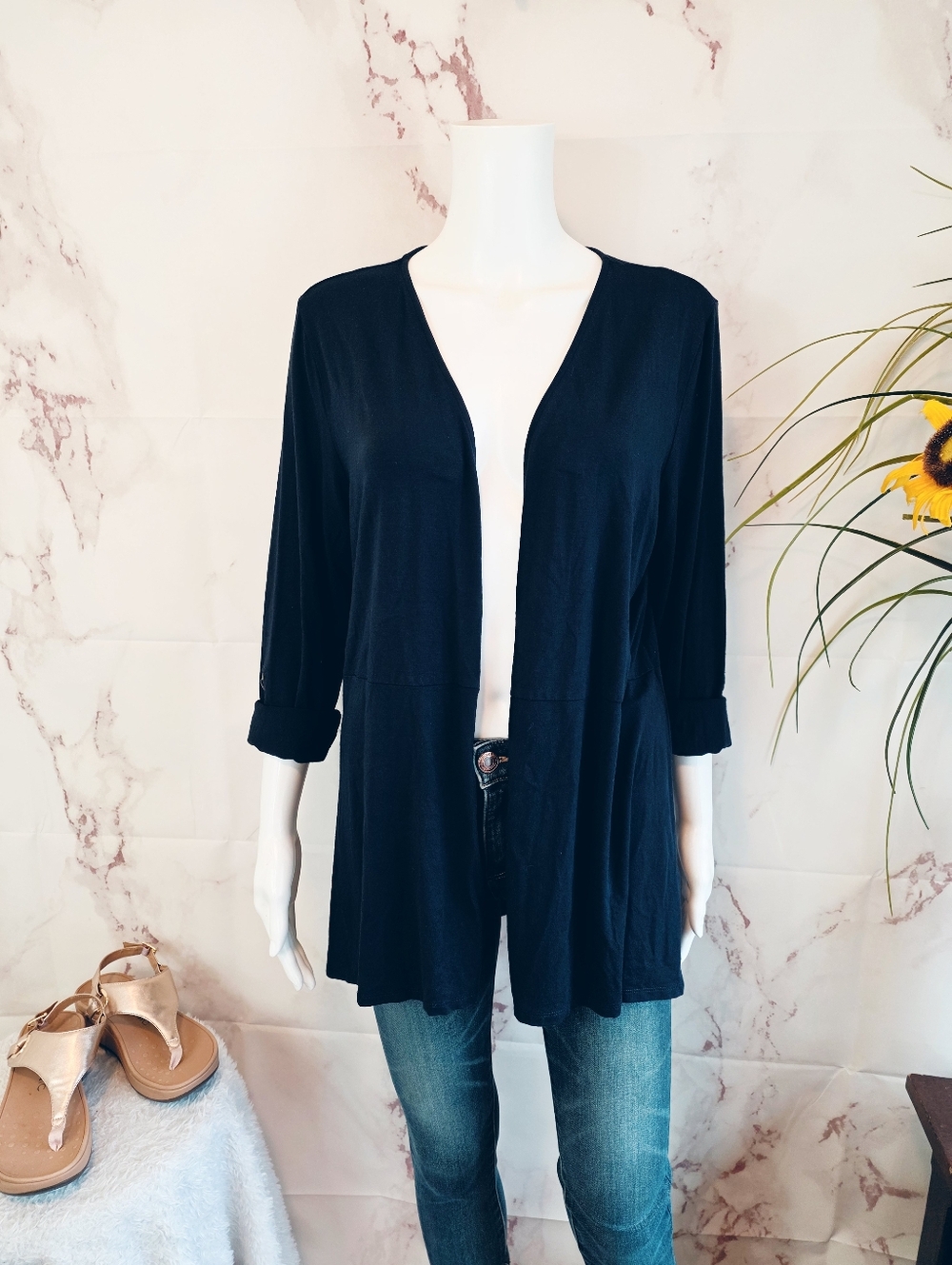 J Jill Wearever Black Open Front Cardigan Jacket 3 4 Sleeve Stretch Career Work - Picture 3 of 7